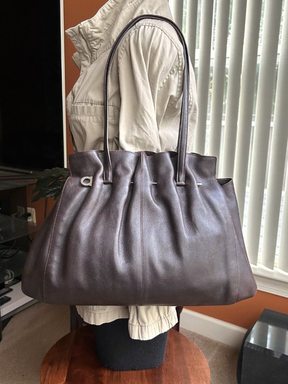 SALVATORE FERRAGAMO Nappa Soft Shoulder Bag, Chocolate Brown - Picture 4 of 10